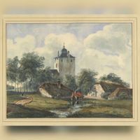 Gezicht op het kasteel Den Ham bij Vleuten, met enkele omliggende boerderijen in 1833 naar een tekening van J. Liefland. Bron: Het Utrechts Archief, catalogusnummer: 33072.