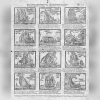 Centsprent met 4 x 3 houtsneden, met afbeeldingen van schepen: kofschip, vissersboot, galei, galjoot, roeiboot met tent, een schipbreuk, Friese tjalk, hekbootschip, fluit, boeier, een Indisch schip, een damschuit of kaag. Bevat vierregelige rijmende onderschriften uit de periode 1775-1813. Bron: Wikimedia Commons.