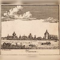 Gezicht over de Lek, met enkele vaartuigen waaronder een aangemeerde veerpont, op de stad Vianen met rechts de toren van huis Batestein in circa 1730 naar een tekening van A. Zeeman. Bron: Regionaal Archief Zuid-Utrecht (RAZU), 018.