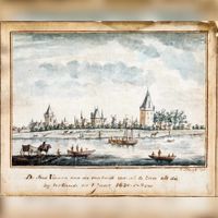 Gezicht over de Lek, met enkele vaartuigen waaronder een varende veerpont, op de stad Vianen met rechts de toren van huis Batestein naar de situatie van 1630 naar een tekening van A. Rademaker. Bron: Regionaal Archief Zuid-Utrecht (RAZU), 018.