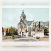 Gezicht vanuit het zuiden op de landpoort en de Grote Kerk te Vianen in 1863 door C.W. Mieling naar J. Weissenbruch. Bron: Regionaal Archief Zuid-Utrecht (RAZU), 018.