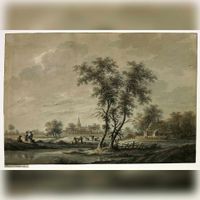 Gezicht op een landschap in de omgeving van Werkhoven met rechts de boerderij Katteveld aan de Kromme Rijn in 17801810 naar een tekening van N. Wicart. Bron: Het Utrechts Archief, catalogusnummer: 206490.