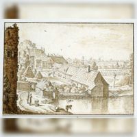 Gezicht vanaf de stadswal te Utrecht op het Mariabolwerk met de gebouwen van een plateelfabriek. De piramidevormige objecten links zijn opgestapelde turven. Rechts daarvan staat een 'rospaard', een paard dat werd gebruikt om de rosmolen aan te drijven. Op de achtergrond rechts zijn bakken voor het mengen van klei te zien. Daarboven bevindt zich een oven. Naar een tekening van Herman Saftleven in de periode 1660-1670. Bron: Het Utrechts Archief, catalogusnummer: 38643.