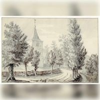 Gezicht te Zeist met op de achtergrond de toren van de Nederlands Hervormde kerk in 1819. Bron: Het Utrechts Archief, catalogusnummer: 200991.