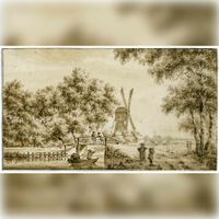 Gezicht op de korenmolen aan de Leidsche Rijn bij Veldhuizen in 1750-1763 naar een tekening van P.J. Liender. Bron: Het Utrechts Archief, catalogusnummer: 200561.