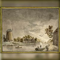 Gezicht op de Leidsche Rijn bij Harmelen met een molen en een boerderij en rechts de hoek van een huis, mogelijk een herberg in 1776. Bron: Het Utrechts Archief, catalogusnummer: 39636.