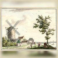 Gezicht op Wijk bij Duurstede met een korenmolen en de Vrouwenpoort en rechts de Rijn in 1785. Bron: Het Utrechts Archief, catalogusnummer: 200207.