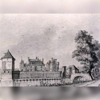 Gezicht op het kasteel Beverweerd bij Werkhoven met rechts de toegangsbrug tot de voorburcht, uit het oosten in 1745 naar een tekening van J. de Beijer. Bron: Het Utrechts Archief, catalogusnummer: 107291.