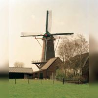 Gezicht op de in 1993 gerestaureerde korenmolen 'Rijn en Weert' (Werkhovenseweg 46) te Werkhoven uit het zuidoosten op 16 april 1994. Bron: Het Utrechts Archief, catalogusnummer: 822747.