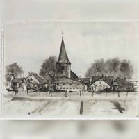 Gezicht op het dorp Werkhoven vanuit het westen naar een tekening van Wim Hagemans in 1970. Bron: Het Utrechts Archief, catalogusnummer: 206261.
