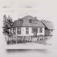 Gezicht op de zij- en voorgevel van Huize Ruimzicht, met schuur, aan de Waalseweg 18 te Tull en &#039;t Waal naar een tekening van Peter Koch in 1989. Bron: RAZU, 353.