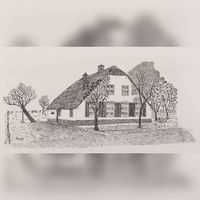 Gezicht op de voor- en zijgevel van een boerderij aan de Beusichemseweg 13 te Houten naar een tekening van L.M.J. de Keijzer in 1985. Bron: Regionaal Archief Zuid-Utrecht (RAZU), 353.