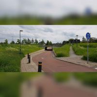 Zicht op het fietspad met tunneltje onder de zuidoostelijke door aansluitend op het Molenland en de Binnentuin bij de kruising met6 de Binnenweg en Wijkerweg in 2021. Foto: Sander van Scherpenzeel.