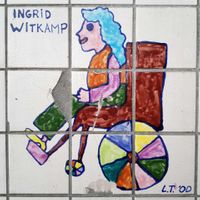 Een beschilderde tegel van 3X3 tegels van een vrouw met blauw haar in een gekleurde rolstoel door Ingrid Witkamp in de fiets en voetgangerstunnel aan de Vlierpad in september 2021. Foto: Sander van Scherpenzeel.