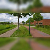 Zicht op het fietspad tussen de Houtensewetering en de Tuibrug met rechts de Johannes Bogermanschool aan de Tuibrug nr. 10 gezien in noordwestelijke richting in 2021. Foto: Sander van Scherpenzeel.