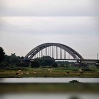 De Culemborgse Spoorbrug over de Steenwaard van Tull en 't Waal en rivier de Lek. Aan de overkant ligt Culemborg (prov. Gelderland). foto: Peter van Wieringen, Natuurenfoto.nl.