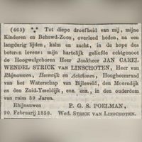 Overlijdensadvertentie van jhr. Jan Carel Wendel Strick van Linschoten van Rhijnauwen. Overleden op 20 februari 1850 op 59 jarig leeftijd. Bron: Delpher.nl.