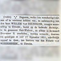 Advertentie met de mededeling of er nog personen waren die nog openstaande lening hadden bij de dhr. Willem van Beusekom uit en of zich die wilde melden bij notaris Schermbeek in september 1851. Bron: Delpher.nl.
