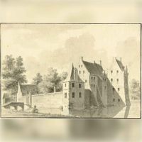 Gezicht op het omgrachte kasteel Schalkwijk bij Schalkwijk uit het oosten in 1b731 naar een tekening van L.P. Serrurier. Bron: Het Utrechts Archief, catalogusnummer: 201884.