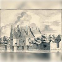 Gezicht op de achtergevel van het omgrachte kasteel Schalkwijk bij Schalkwijk in 1731 naar een tekening van L.P.Serrurier. Bron: Het Utrechts Archief, catalogusnummer 201885.