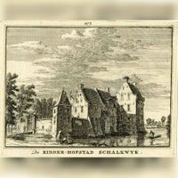 Gezicht op het omgrachte kasteel Schalkwijk bij Schalkwijk uit het oosten in 1740-1750 naar een tekening van Hendrik Spilman. Bron: Het Utrechts Archief, catalogusnummer: 201886.