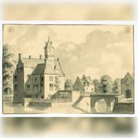Gezicht op het omgrachte kasteel Wulven te Houten, met rechts de voorburcht met het poortgebouw in 1731. Naar een tekening van L.P. Serrurier. Bron: Het Utrechts Archief, catalogusnummer: 202085.