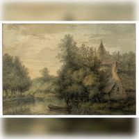 Gezicht op de Kromme Rijn bij Bunnik met rechts een gedeeltelijk zichtbare boerderij met een hooiberg op donderdag 12 september 1765. Bron: Het Utrechts Archief, catalogusnummer: 202234.