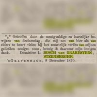 Familiebericht van overlijden van Maximiliaan Elize Charles Bosch van Drakestein van Reijerscop-Creuningen (1847-1870) op 23 jarige leeftijd als student in de rechten. Bron: Delpher.nl.