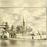 Gezicht op de Nederlands Hervormde kerk van 't Goy in 1660 naar een tekening van L.P. Serrurier. Bron: Het Utrechts Archief, catalogusnummer: 200540.