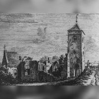 De vernielde kerk in Honswijk gezien in 1740-1750 Naar een tekening van H. Spilman naar J. de Beijer. Bron: onbekend.