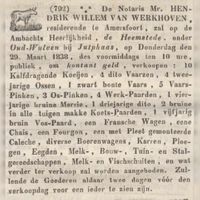 Krantenadvertentie over de verkoop van de boedel uit het kasteel en van de omliggende boerderijen van Heemstede ten overstaan van de Amersfoortse notaris Hendrik Willem van Werkhoven op 29 maart 1838. Bron: Delpher.nl.