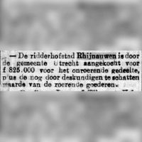 Nieuwsbericht uit 1920 over het nieuws dat de gemeente Utrecht het landgoed Rhijnauwen voor f. 825.000, - gulden had gekocht van familie Strick van LInschoten. Bron: Delpher.nl.