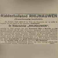 Verkoop advertentie die familie Strick van Linschoten van Rhijnauwen in de krant plaatste in 1919 om het landgoed Rhijnauwen te verkopen via notaris van dienst H.J. van Heyst te Wij bij Duurstede. Bron: Delpher.nl.