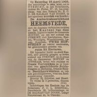 Verkoopadvertentie voor de verkoop van het kasteel en de ambachtsheerlijkheid Heemstede in het voorjaar van 1903 door de Utrechtse notaris Balbian van Doorn. Bron: Delpher.nl.