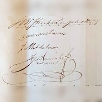 Handtekening van jhr. J.C.W. Strick van Linschoten van Rhijnauwen, en getuigen Jan Maatman en Jan Middelman, en de Wijk bij Duurstedense notaris H.J. van Mariënhoff. Bron: Regionaal Archief Zuid-Utrecht (RAZU), 063 1817 02-08-1834 aktenummer: 2564.