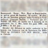 Advertentie uit 1860 van verkoop van herberg De Prins in Vechten ten overstaand van de Utrechtse notarissen Zijdveld en Hondius van den Broek (2). Bron: Delpher.nl.