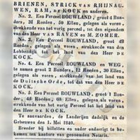 Verkoopadvertentie van boerderij de Dijkhoeve uit december 1839. Verkocht op 16 januari 1840 aan jhr. Jan Carel Wendel Strick van Linschoten van Rhijnauwen 2/2. Bron: Delpher.nl.