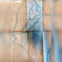 Plattegrond van Maarschalkerweerd met linksboven in rood gearceerd een weg in de planning naast een inundatiekanaal met rechts daarvan het Fort Vossegat aan de Kromme-Rijn. Links van het midden het Fort Lunet I met daarvoor de Koningsweg. in 1938. Bron: Het Utrechts Archief, 1007-3.