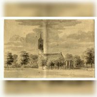 Gezicht in het dorp 't Goy met de Nederlands Hervormde kerk in 1732 naar een tekening van J. Nutges. Bron: Het Utrechts Archief, catalogusnummer: 202574.
