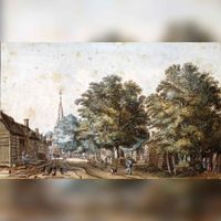 Gezicht op het dorp Doorn op dinsdag 14 juli 1750 naar een tekening van J. de Beijer. Bron: Het Utrechts Archief, catalogusnummer: 827376.