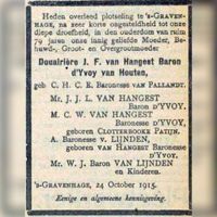 Overlijdensadvertentie van Cornelia Wilhelmina Clotherbooke Patijn in oktober 1915, douairière J.F. van Hangest baron d'Yvoy van Houten. Bron: Delpher.nl.