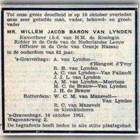 Overlijdensadvertentie van Mr. Willem Jacob baron van Lynden (1879-1961) in oktober 1961. Bron: Delpher.nl.