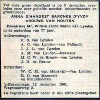 Overlijdensadvertentie van Anna d'Hangest d'Yvoy van Houten (1884-1961) in december 1961. Bron: Delpher.nl.