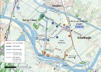 De Lint- en Liniepad (rode stippen), Vuylcoppad (blauwe stippen) op het Eiland van Schalkwijk. Bron: Klompenpaden.nl.