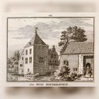 Gezicht op het huis Hinderstein te Nederlangbroek, met op de voorgrond het poortgebouw. Dit kasteel heeft tegenwoordig het adres Langbroekerdijk 119 te Nederlangbroek (gemeente Wijk bij Duurstede) in 1740-1750. Bron: Het Utrechts Archief, catalogusnummer: 201452.