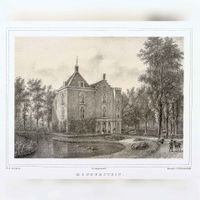 Gezicht vanuit de tuin op de achtergevel van het huis Hinderstein te Nederlangbroek in 1866. Naar een tekening van L.P. Lutgers . Bron: Het Utrechts Archief, catalogusnummer: 201454.