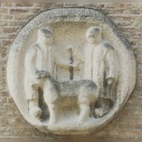 Een medaillon van een twee boeren en een schaap op de voorgevel van de in 1994 gesloopte Rabobank aan het Plein van het Oude Dorp waar nu De Paasage. Bron: Regionaal Archief Zuid-Utrecht (RAZU), 353.