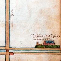 Kaart uit 1640 waarop de kasteeltoren Vuylcop is ingetekend. Naar de hand van J. van Diepenem. Bron: Het Utrechts Archief, T220, Invt. 425, F. 35.