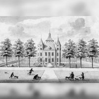Gezicht op het huis Heemstede (gemeente Houten) uit het noordoosten in 1728-1732 naar een tekening van L.P. Serrurier. Bron: Het Utrechts Archief, catalogusnummer: 201381.