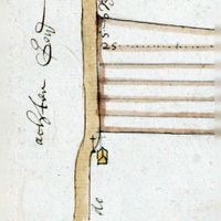 Plattegrond waarop het hofsteedje met het kruiskapel, land genaamd de Kruishoeve in het eerste kwart van de zeventiende eeuw staat ingetekend uit het kaartboek van het Utrechtse kapittel van OudmUnster, Bron: HUA, 223, 933, p90-91.